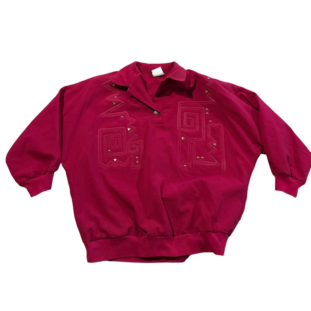 Vintage Graff Womens Small Fuchsia Geometric Studded Pullover‎ Top USA Made 80s